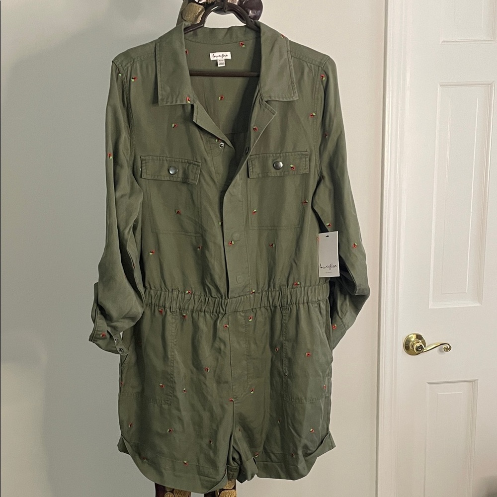 love, Fire Olive Utility Romper strawberry embroidery. Shorts. Long sleeved.